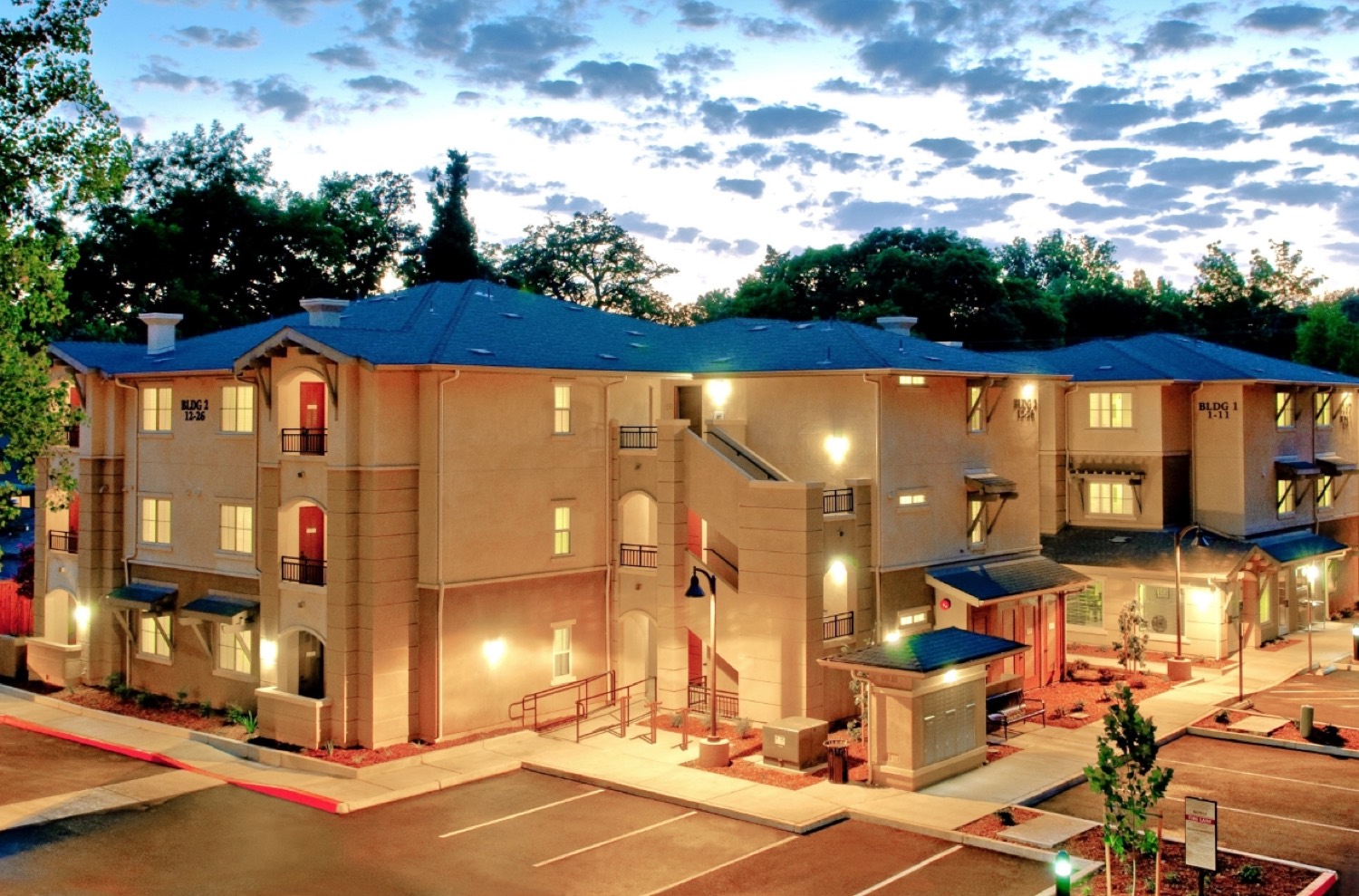 Affordable housing community at dusk